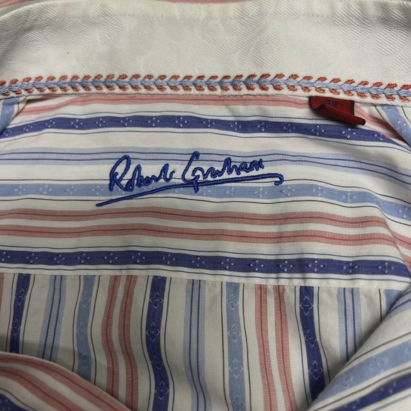 Robert Graham Blue Purple Striped Button Up Shirt Embroidered Cuffs Sz 39/15.5 - Picture 12 of 12